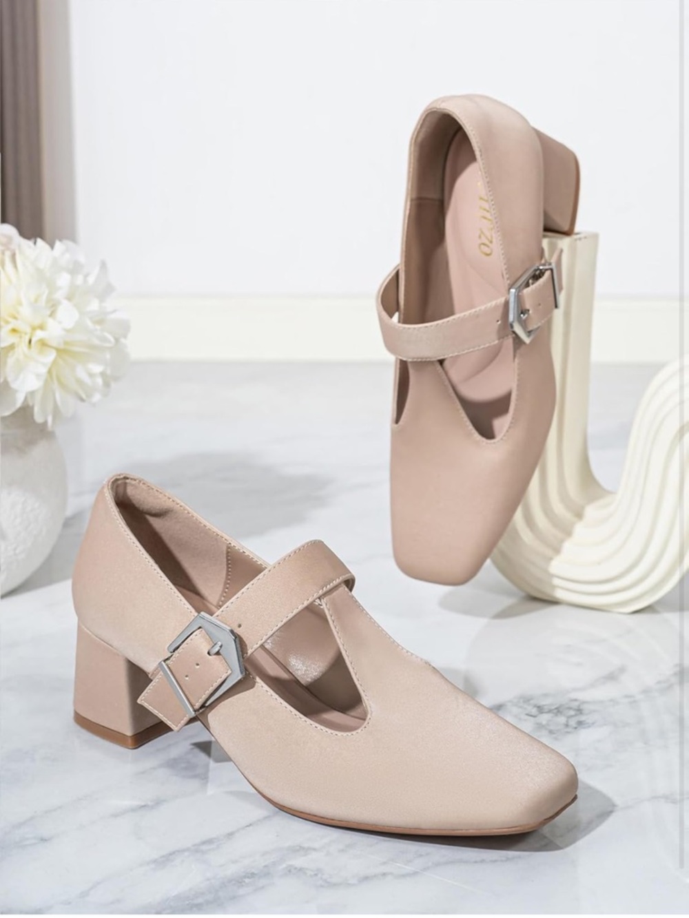 Classic Beige Mary Jane Block Heels with Buckle Strap